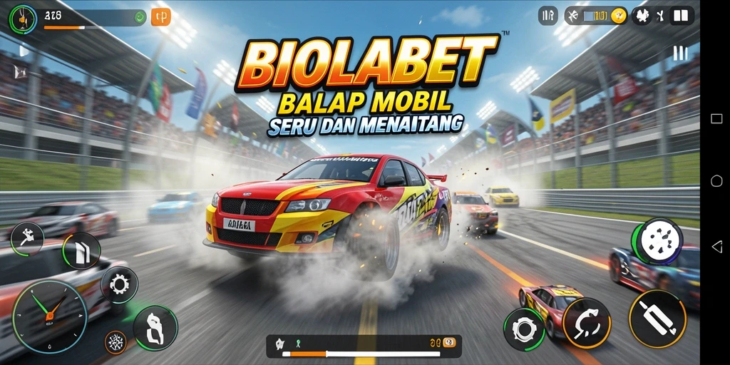Tampilan seru gameplay BIOLABET dengan mobil balap di lintasan.