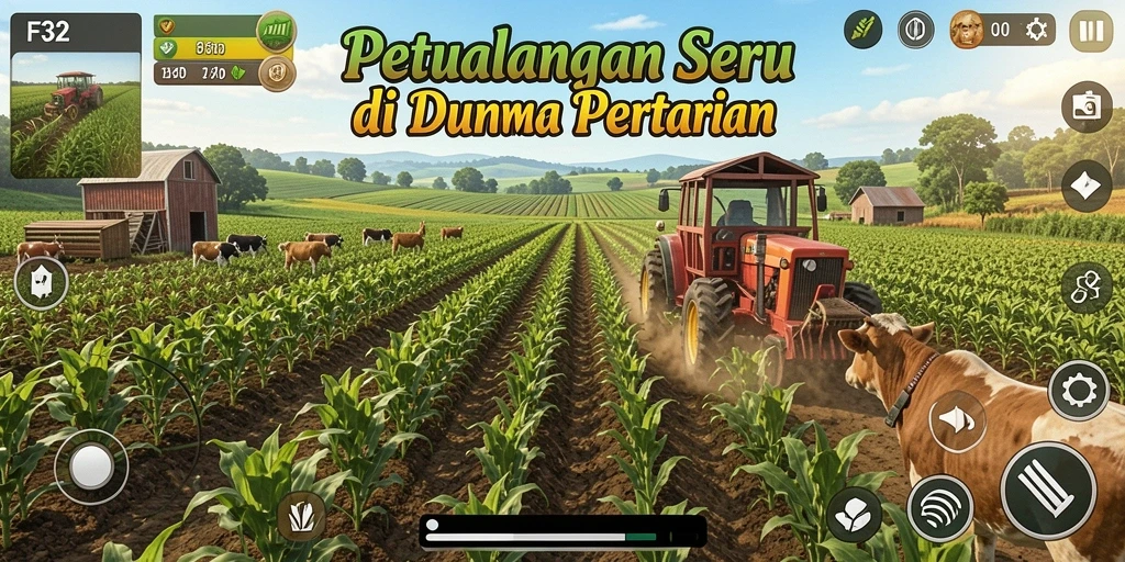 Screenshot F32 menampilkan petualangan seru dalam dunia pertanian.