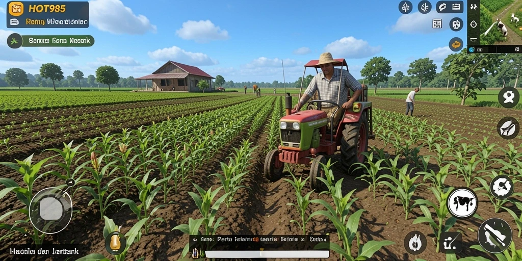 Tampilan gameplay HOT985 dengan aktivitas bertani yang seru.