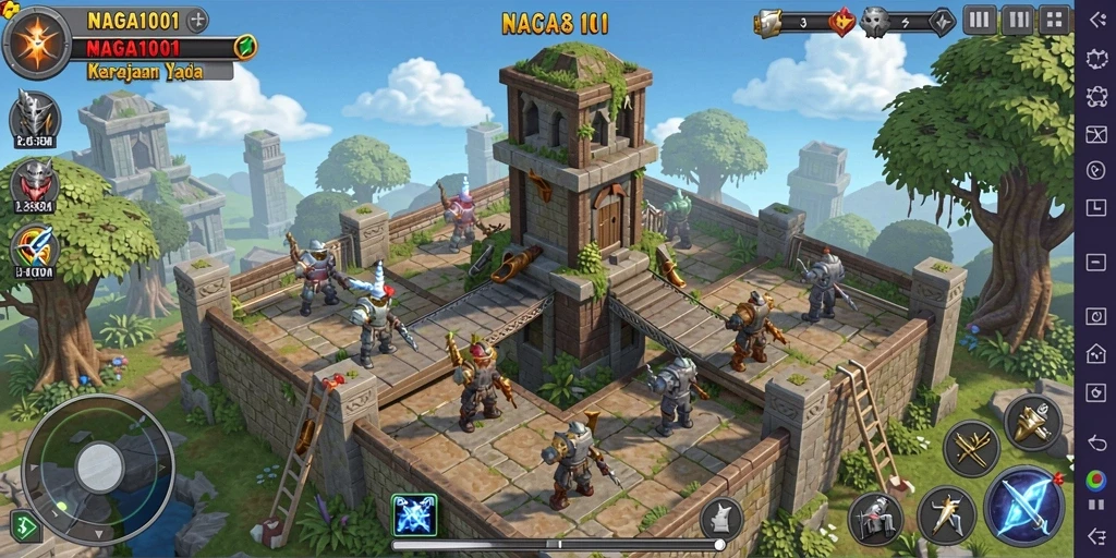 Tampilan gameplay NAGA1001 yang menegangkan dalam pertahanan menara.