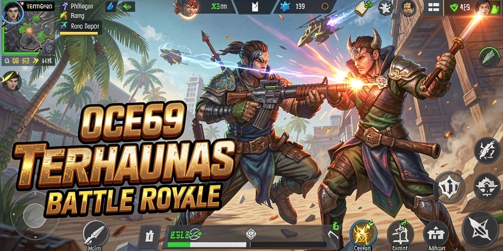 Screenshot dari gameplay intens OCE69 dalam pertempuran Battle Royale.