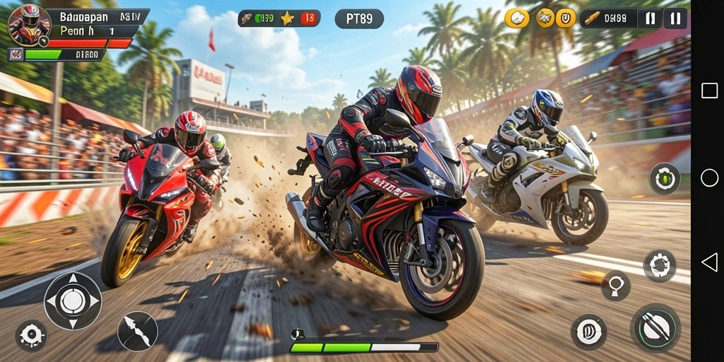 Screenshot gameplay PT89 menampilkan kecepatan balapan motor yang mendebarkan.