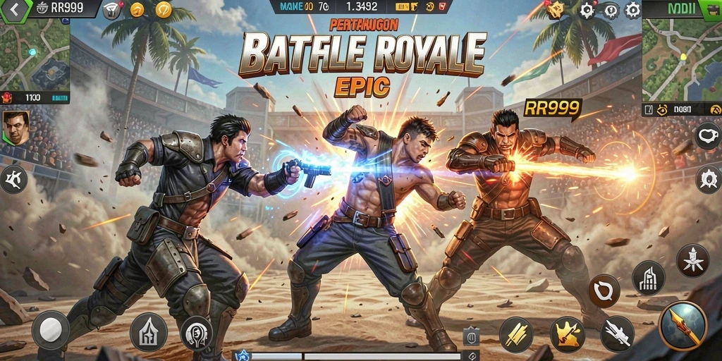 Tangkapan layar gameplay <strong>RR999</strong> yang menampilkan aksi pertarungan Battle Royale yang intens.