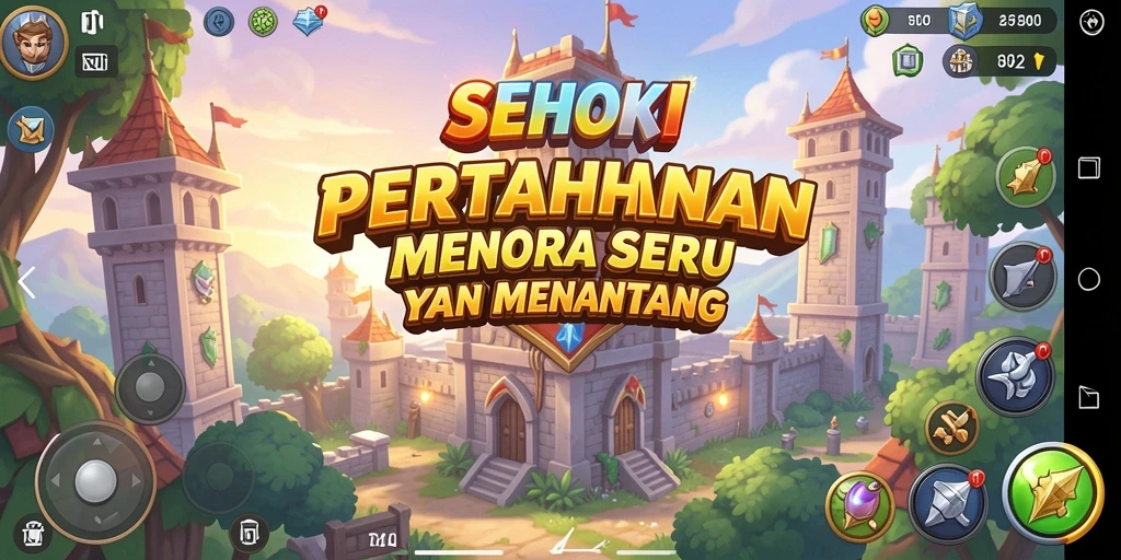 Screenshot gameplay SEHOKI yang menampilkan menara beraksi mempertahankan markas.