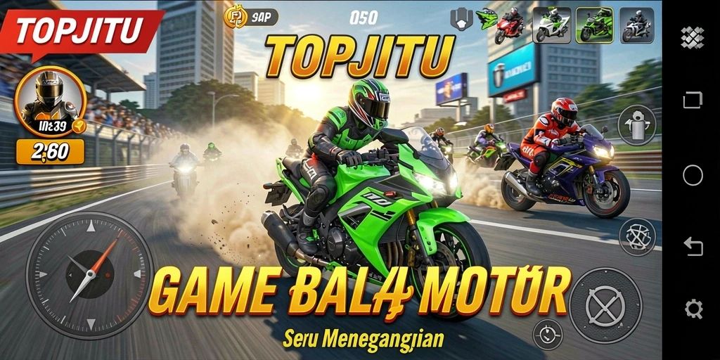 Screenshot gameplay TOPJITU yang menampilkan balap motor seru.